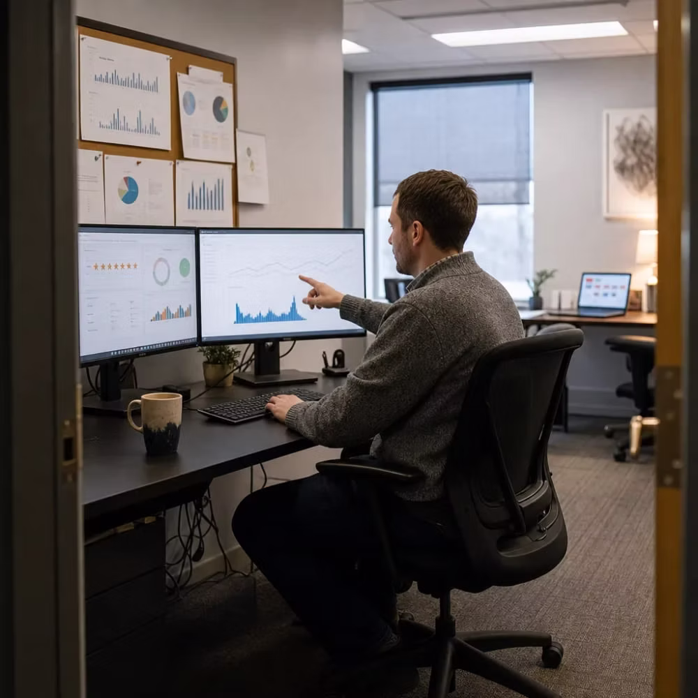 A person at dual monitors pointing at marketing charts in an office